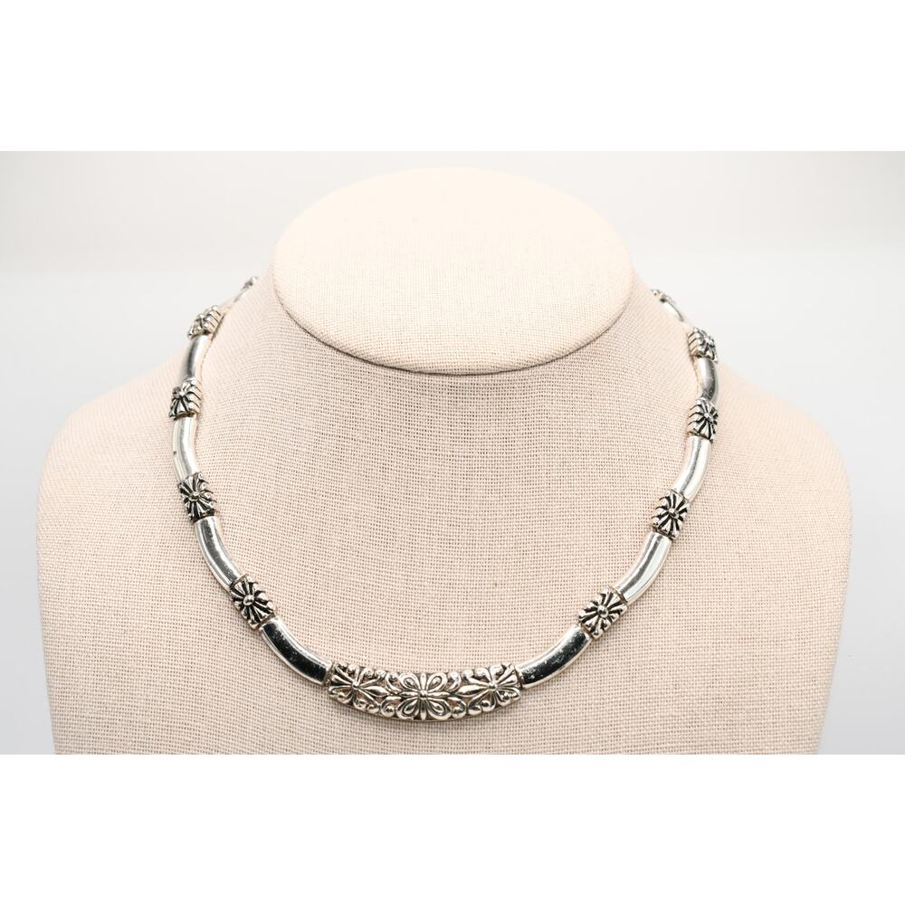 Vintage Silver Tone Floral Link Choker Necklace 16" Fold Over Clasp